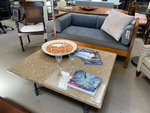 Handmade Swiss Setee c1980s Solid Pine with Brass Nailhead Trim Microfiber - $599
Milling Road Baker Arm Chair with Cane and Beige Cotton Tobacco Finish - $149
Granite and Steel Cocktail Table Blacksmith $299