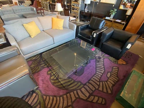 Crate and Barrel Gather Sofa with Deep Cushion Graphite Fabric - $699
Modern Cocktail Table Glass Metal with Leather - $199
Vintage c1970 Cube Chair by Bright Design Black Leather - $599/ea