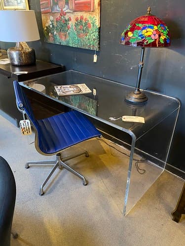 Waterfall Desk Lucite/ Acrylic - $299
Herman Miller/ Eames Aluminum Group Side Chair Blue Vinyl - $499