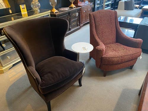 William Sonoma Chelsea Wing Chair Coffee Cotton Velvet with Nailhead Trim - $499
West Elm Contemporary Drink Table Bone Finish Top with Marble Base - $179
Ethan Allen Scroll Arm Lounge Chair Rust/ Gold Tapestry Chenille with Tapered Java Legs - $399