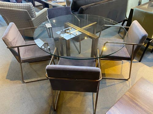 CB2 47” Round Glass Metal Dining Set with 4 Arm Chairs - $699