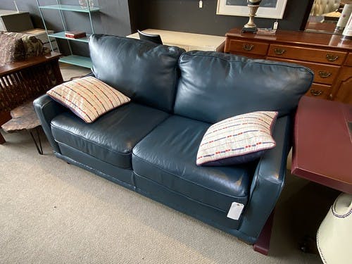Laz Boy Apartment Sofa Teal Top Grain Leather Tapered Legs Mahogany - $799