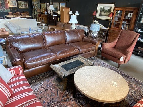 Restoration Hardware Lancaster 112” Sofa Brompton Cocoa Leather - $1995
Ethan Allen Scroll Arm Lounge Chair Rust Gold Tapestry Chenille Tapered Legs - $399
Vintage Faux Stone Egypt Cocktail Table Taupe Fossil Stone - $299