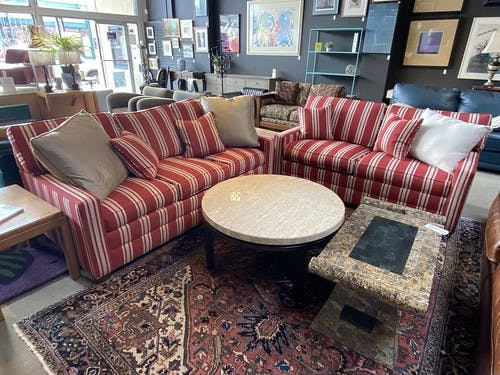 Ethan Allen Apartment Sofa Red and Tan awning stripe - $699
Bernhardt 39” round cocktail table with Metal base travertine - $249