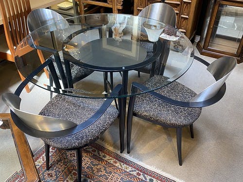 5 Piece Contemporary Dining Set Brushed Steel Black Steel with Glass Top - $550