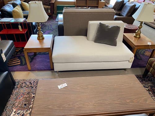 Custom Chaise Lounge by Kroll San Francisco White Silk Woven - $1095
Lane Cocktail Table Walnut with Fornica Top - $99