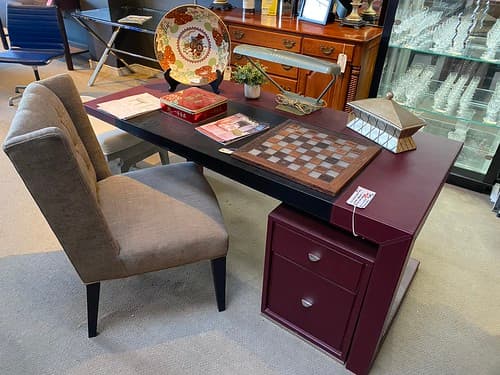 Oct Wk4-2 Italian Leather Wrapped Desk and Cabinet Burgundy with Black Work Surface - $599
Tufted Side Chair - $99