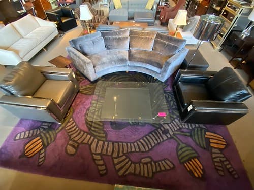 Nov Wk2 Industrial Modern Lounge Chair Black Vinyl with Chrome - $199/ea
Modern Cocktail Table with Glass Metal with Leather - $199
Thayer-Coggin by Milo Baughman Mid Century Sofa with 3 Teak legs - $2495