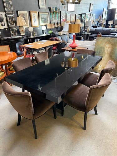 May Wk3 Midcentury Modern Dining Set Table 6 Side Chairs Black with Stainless Trim c1955 Paul Frank Inspired - $1295