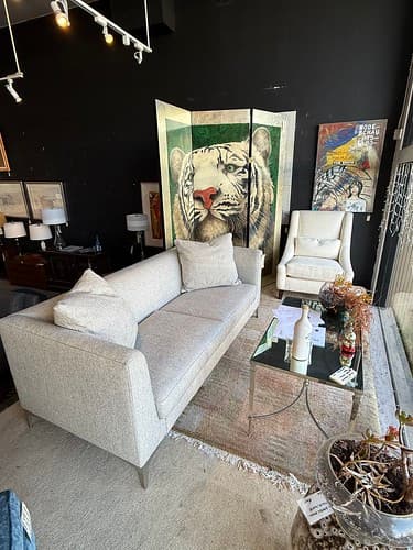 May Wk3 Room and Board Sterling Sofa Tedic Cement Stainless Legs - $799
Mitchel Gold + Bob Willing Supper Chair with Bolster Cream Fabric - $349
Modern Chrome Mirror Cocktail Table - $279
3 Panel Screen by Will Bullas c1990 “The Pale Prince” - $5495