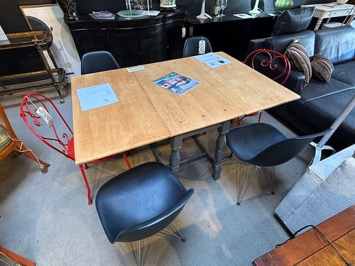 May Wk3 Country Drop Leaf Dining Table/ Console Gray Base Natural Maple - $299
Eames Molded Plastic Side Chairs Black with Chrome Wire Base Herman Miller - $499/ set of 4
Fermob Montmartre Side Chairs Poppy Red Steel Sweetheart - $199/ea (2)