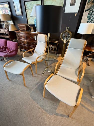 Lamino Chair and Ottoman design YNGNE Ekstrom Swedese Beech/ Gray - $599/ea
Jonathan Adler Floor Lamp with Glass Table Brass Bamboo Style - $299