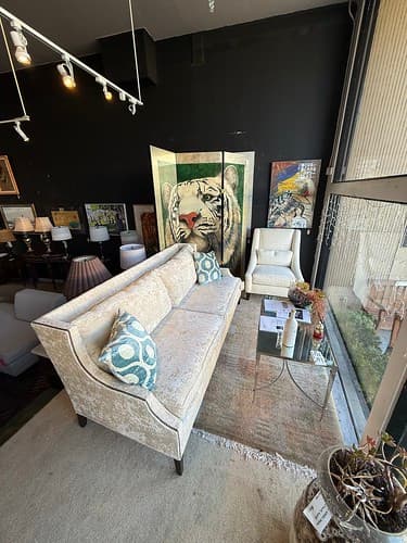 Sofa 07 wk4 Mitchell Gold Bob Williams Luxe Sofa with Nailhead Trim Tobacco Finish Velvet - $995
Mitchell Gold Bob Williams Supper Chair Cream - $299
Modern Chrome Mirror Cocktail Table - $179
3 Panel Screen by Will Bullas c1990 The Pale Prince - $2995