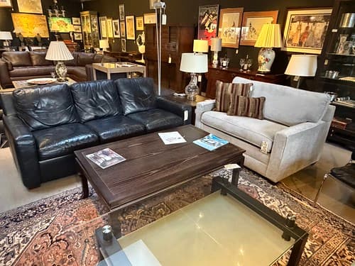 Nov Wk1 American Leather Track Arm Sofa Italian Black Leather Block Legs - $799
Ethan Allen Chair and Half Arm Made in USA - $499
Hickory Chair Ceylon Custom Cocktail Table Walnut Atelier Style - $299