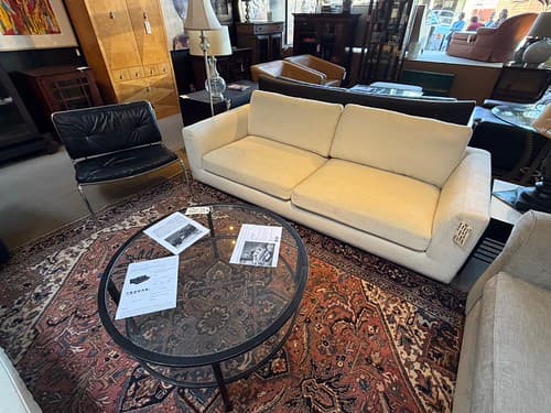April Wk1 Hamilton Sofa Casterly Track Arm Chrome Base Natural Woven - $399
Modern Cocktail Table Steel and Glass Black Finish - $199
Piero Lissoni Frog Chair by Living Divaui Leather Black with Chrome Frame Italy - $1275