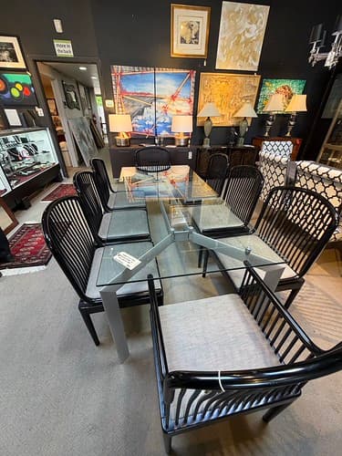 April Wk1 Modern Dining Table Aluminium Glass by Makio Hasuke c1989 - $899
Stendig “Andover” Dining Chairs 2 Arm and 6 Sides Black Finish - $1595