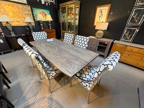 April Wk1 Live-Edge Acacia 79” Dining Table with Glass Base Hooker Furniture - $799
Set of 6 Upholstered Side Chairs Black/ White woven with Chrome Frame - $799