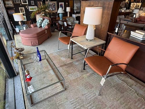 May Wk 4 Kebe Denmark c1980s Post Modern Arm Chair Leather Chrome -$499/ea
Faux Marble End Table with Buck Metal Base - $179
Norwalk USA Tufted Chaise Lounge Mauve Leather - $399
Contemporary Low Cocktail Table in Chrome Glass - $179