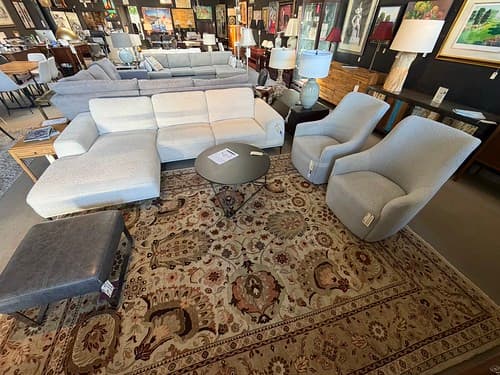 June Wk4 Modern Chaise Sectional Beige Fabric Bronze Legs - $498
Herman Miller Polygon Wire Cocktail Table Black - $499
Arhaus Boucle Swivel Lounge Chair Grey - $299
Moroni Grey Leather Ottoman with Black Chrome - $149