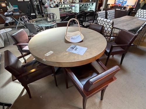 June Wk4 Distressed 60” Diameter Dining Table with X Base Williams Sonoma - $599
Ligne-Roset set of 6 arm chairs leather - $1395