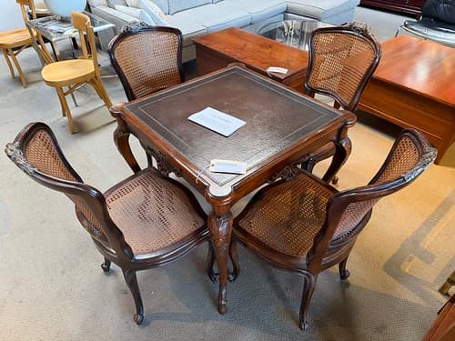 August Wk1 Althorp Square Game Set Table with Leather top and 4 French side chairs w/caned seats & backs, traditional/Louis XIV style - $599
