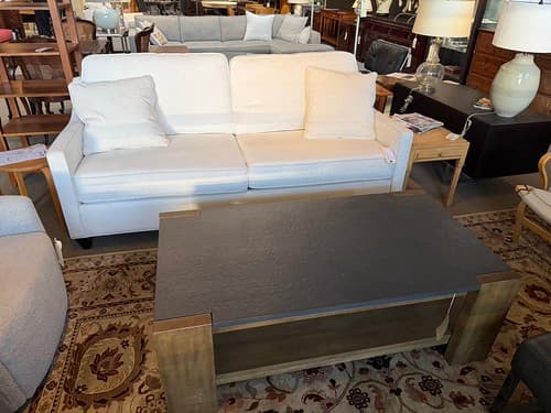 August Wk1 Bassett cream upholstered sofa, Track arm, dark tapered legs, 3-seat - $699